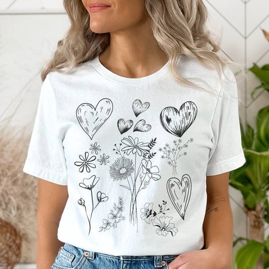T-Shirt MoOodMaker Coeurs & Fleurs | LINE DRAWING blanc