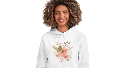 Nouvelle collection hoodie éco-responsable pour femme couleur blanche avec design fleuri et papillon