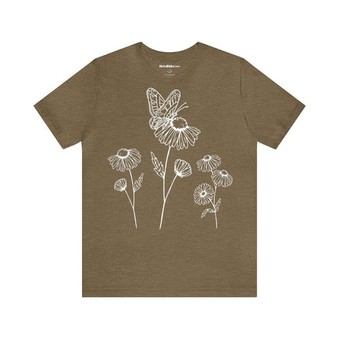 T-shirt MoOodMaker Echinacea & Papillon | LINE DRAWING vert olive