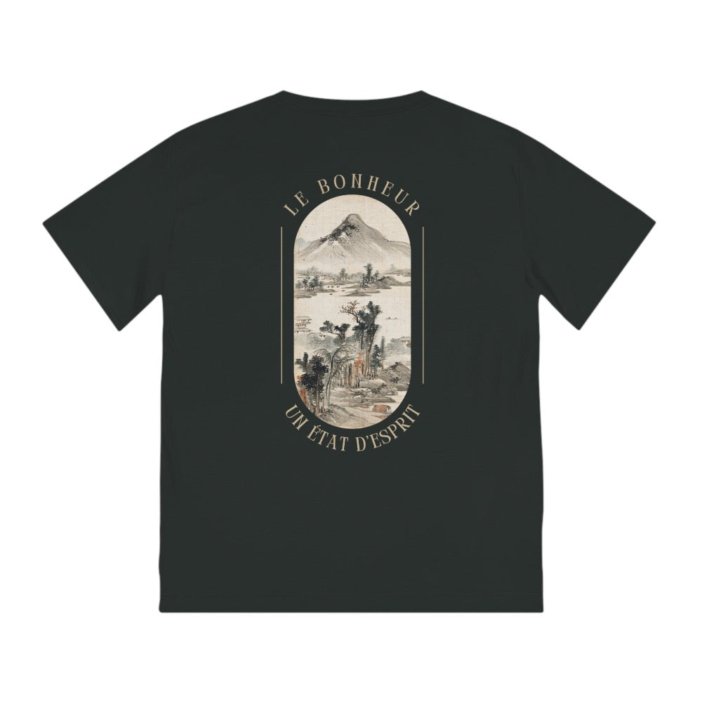 Vue de face du T-shirt homme bio "Le Bonheur - Un Etat d'Esprit" de la Collection PASSIONATE. Couleur dominante noir avec une coupe standard unisexe.