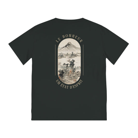 Vue de face du T-shirt homme bio "Le Bonheur - Un Etat d'Esprit" de la Collection PASSIONATE. Couleur dominante noir avec une coupe standard unisexe.