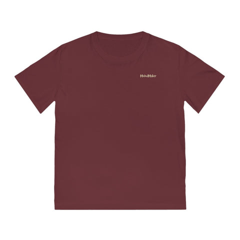 Vue de face du t-shirt Le Bonheur - Un Etat d'Esprit" Bio Homme 09-2.3. Logo MoOodMaker doré placé au coeur sur fond burgundy.