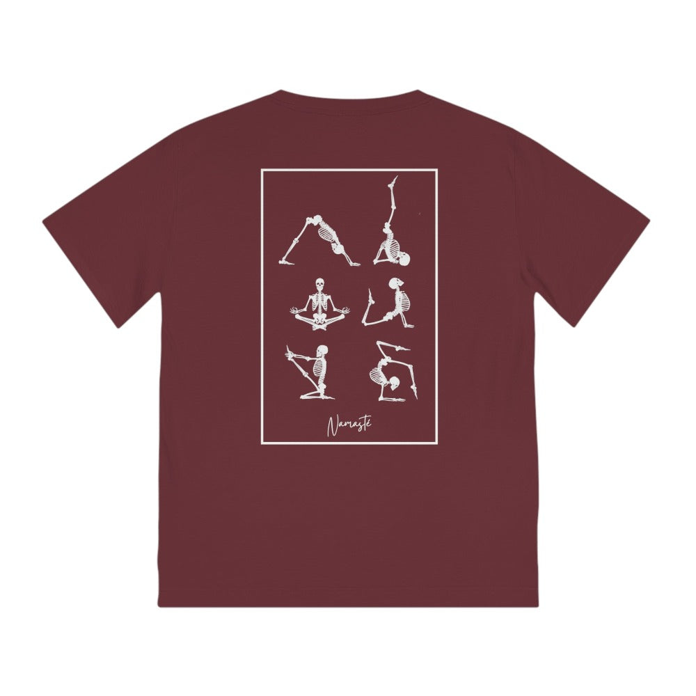 T-shirt homme de couleur bordeaux avec squelettes drôles en posture de yoga imprimé sur le dos, coton bio .