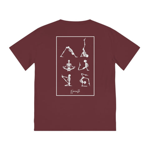 T-shirt homme de couleur bordeaux avec squelettes drôles en posture de yoga imprimé sur le dos, coton bio .