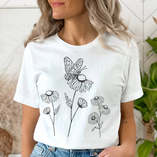 T-shirt MoOodMaker Echinacea & Papillon | LINE DRAWING blanc