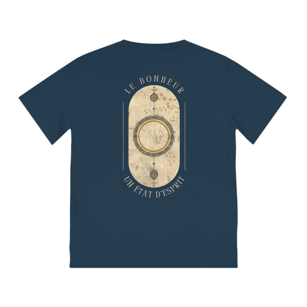 Vue dos du T-shirt navy homme en coton bio, design Shamsa du folio Shahnama « Book of Kings » et inscription 'Le Bonheur - Un État d'Esprit', Collection PASSIONATE.