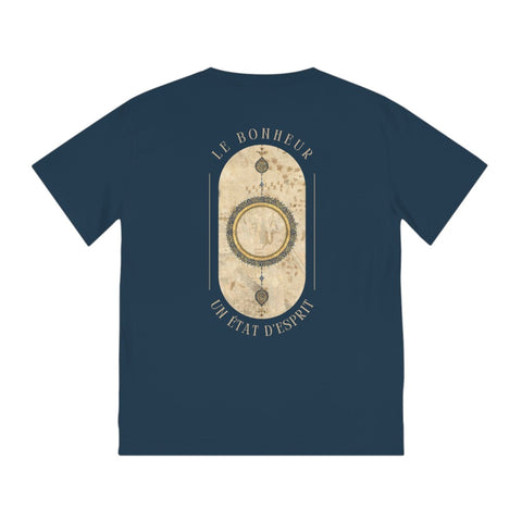 Vue dos du T-shirt navy homme en coton bio, design Shamsa du folio Shahnama « Book of Kings » et inscription 'Le Bonheur - Un État d'Esprit', Collection PASSIONATE.