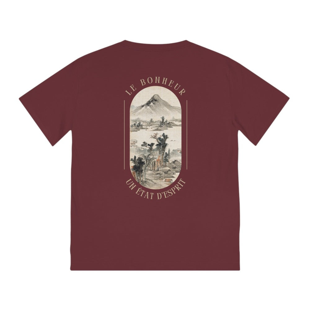 Vue de dos montrant l'art japonais et l'inscription 'Le Bonheur - Un Etat d'Esprit' sur le T-shirt homme bio de la Collection PASSIONATE. Design unique sur fond burgundy