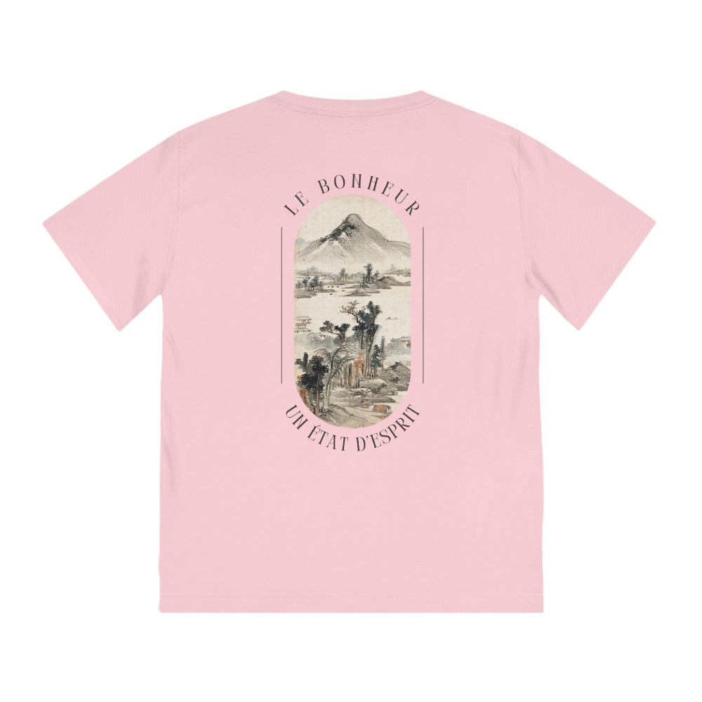 Vue de dos montrant l'art japonais et l'inscription 'Le Bonheur - Un Etat d'Esprit' sur le T-shirt homme bio de la Collection PASSIONATE. Design unique sur fond pink.