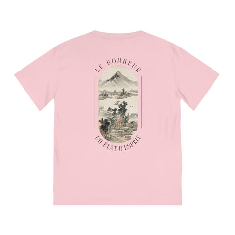 Vue de dos montrant l'art japonais et l'inscription 'Le Bonheur - Un Etat d'Esprit' sur le T-shirt homme bio de la Collection PASSIONATE. Design unique sur fond pink.