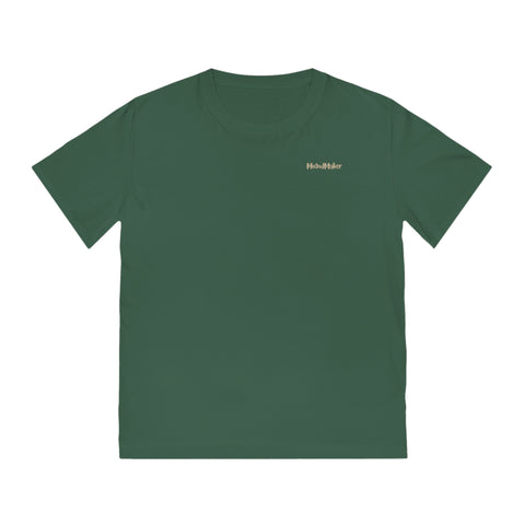 Vue de face du t-shirt Le Bonheur - Un Etat d'Esprit" Bio Homme 09-2.3. Logo MoOodMaker doré placé au coeur sur fond vert bouteille.