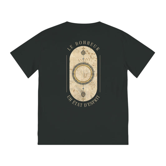 Vue de dos du T-shirt noir homme en coton bio, design Shamsa du folio Shahnama « Book of Kings » et inscription 'Le Bonheur - Un État d'Esprit', Collection PASSIONATE.