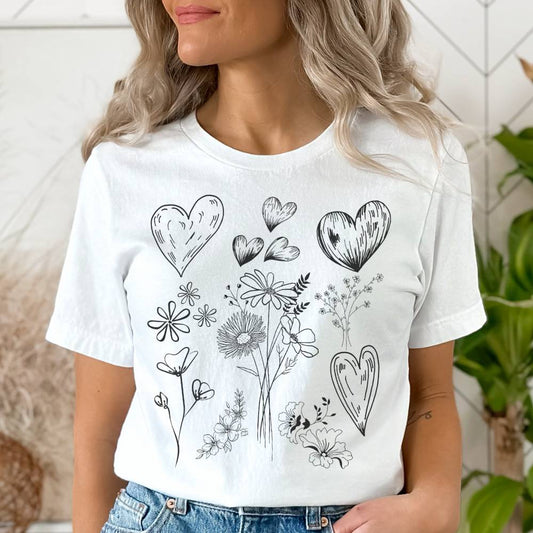 T-Shirt MoOodMaker Coeurs & Fleurs | LINE DRAWING blanc
