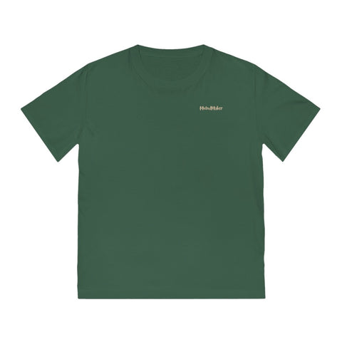 Vue de face du t-shirt Le Bonheur - Un Etat d'Esprit" Bio Homme 09.3. Logo MoOodMaker doré placé au niveau du coeur sur fond vert bouteille.