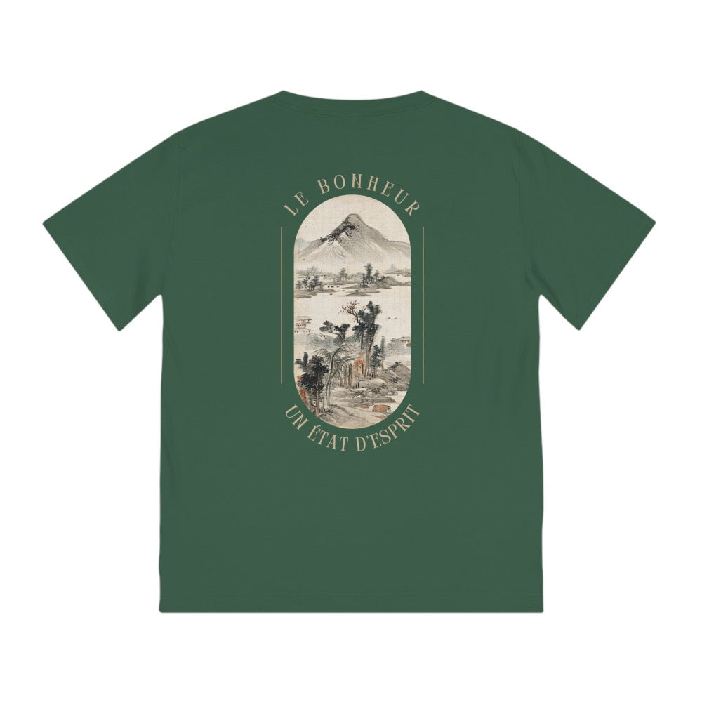 Vue de dos montrant l'art japonais et l'inscription 'Le Bonheur - Un Etat d'Esprit' sur le T-shirt homme bio de la Collection PASSIONATE. Design unique sur fond vert bouteille.