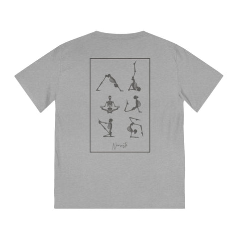 T-shirt homme couleur gris chiné avec squelettes drôles en posture de yoga imprimé sur le dos, coton bio .