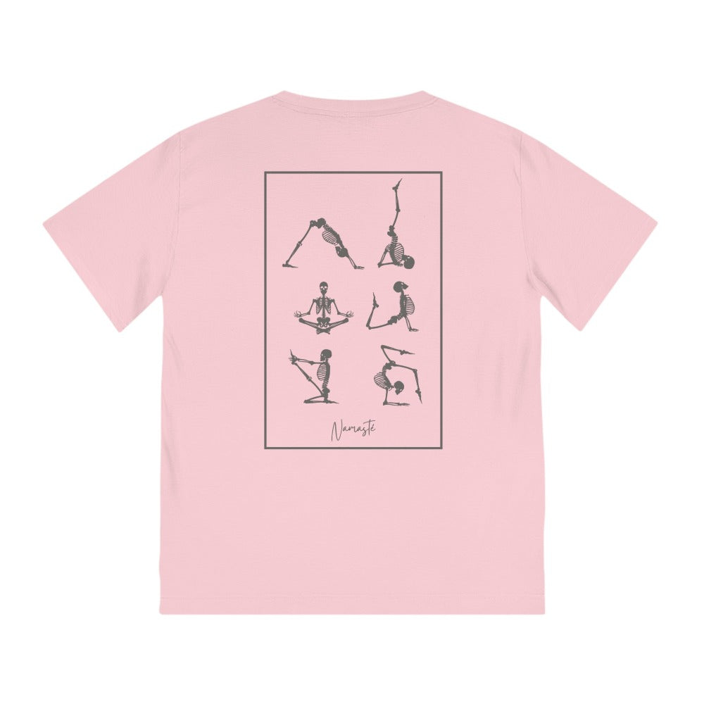 T-shirt homme de couleur rose avec squelettes drôles en posture de yoga imprimé sur le dos, coton bio .