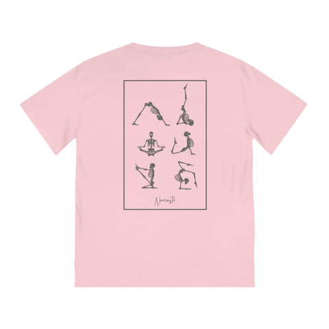 T-shirt homme de couleur rose avec squelettes drôles en posture de yoga imprimé sur le dos, coton bio .