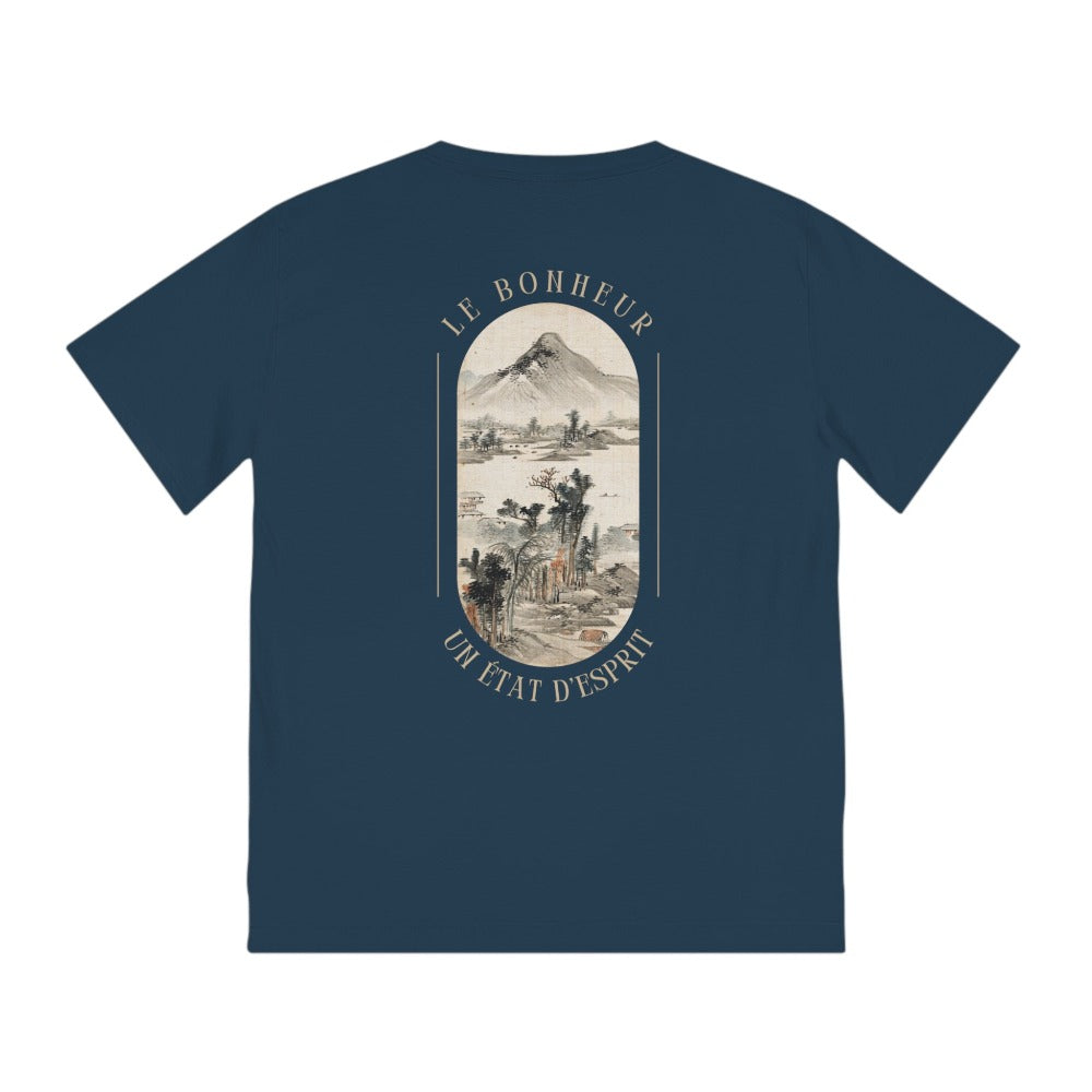 Vue de dos montrant l'art japonais et l'inscription 'Le Bonheur - Un Etat d'Esprit' sur le T-shirt homme bio de la Collection PASSIONATE. Design unique sur fond navy.ir.