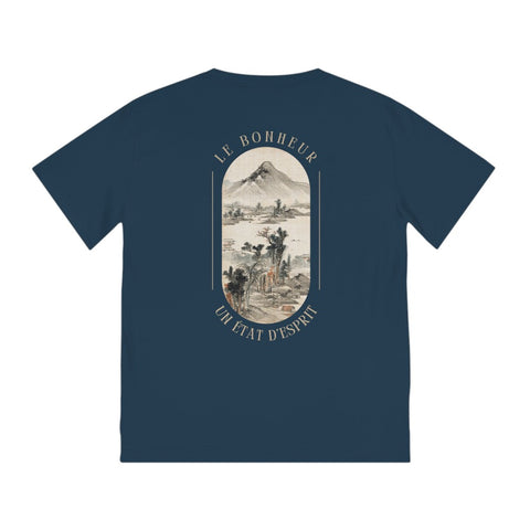 Vue de dos montrant l'art japonais et l'inscription 'Le Bonheur - Un Etat d'Esprit' sur le T-shirt homme bio de la Collection PASSIONATE. Design unique sur fond navy.ir.