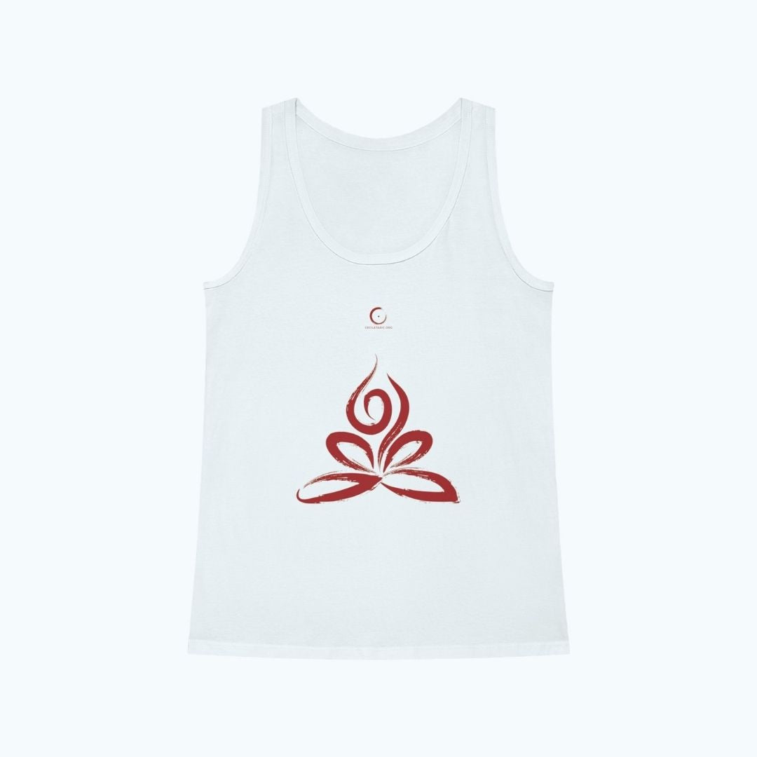 Vue face du débardeur collection Cécile Taric yoga en blanc avec le symbole du feu en rouge, de production en coton biologique pour femme