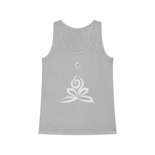 Vue face du débardeur collection Cécile Taric yoga en gris chiné avec le symbole du feu en blanc, de production éco-responsable pour femme