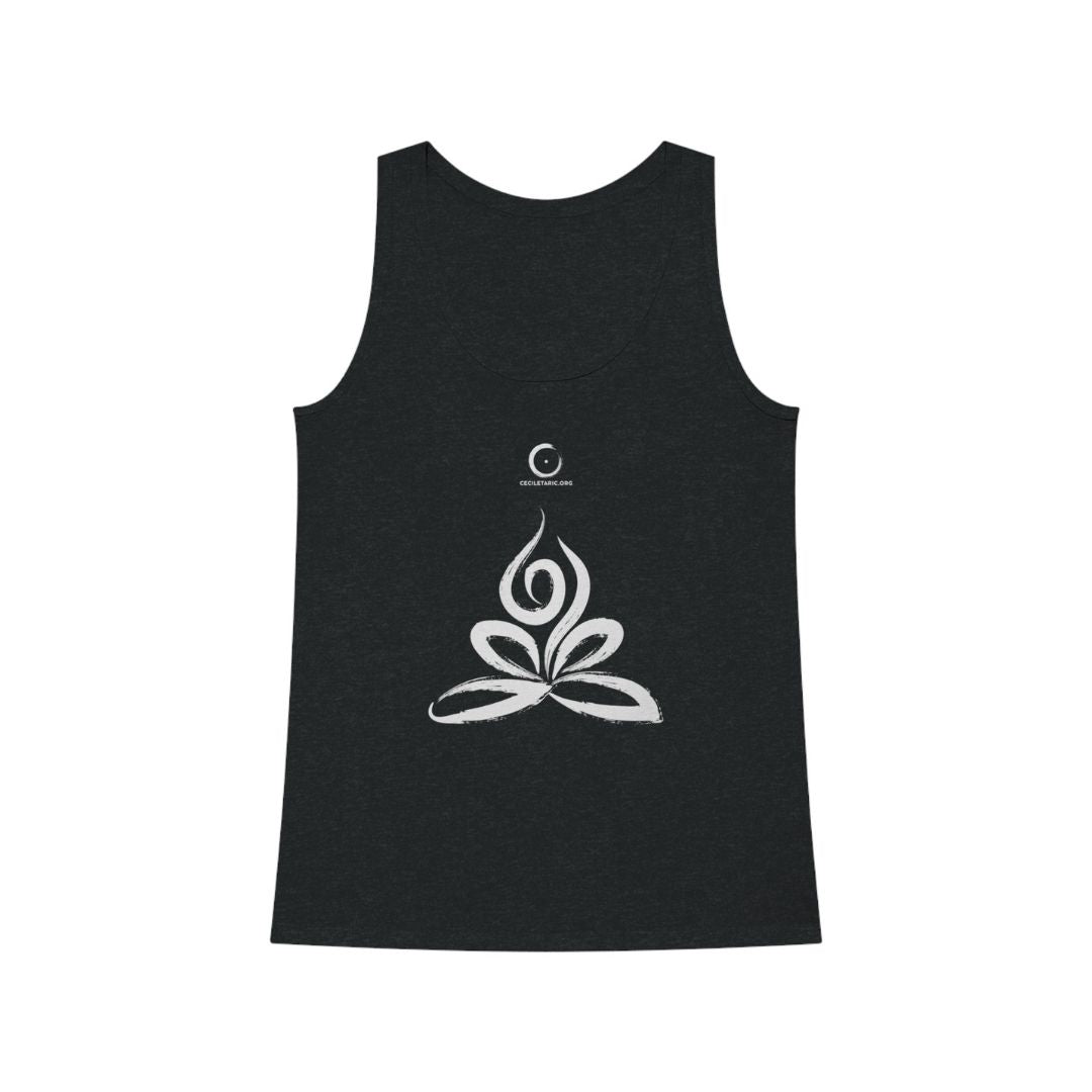 Vue face du débardeur collection Cécile Taric yoga en gris chiné foncé avec le symbole du feu en blanc, de production éco-responsable pour femme