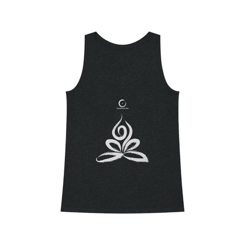 Vue face du débardeur collection Cécile Taric yoga en gris chiné foncé avec le symbole du feu en blanc, de production éco-responsable pour femme