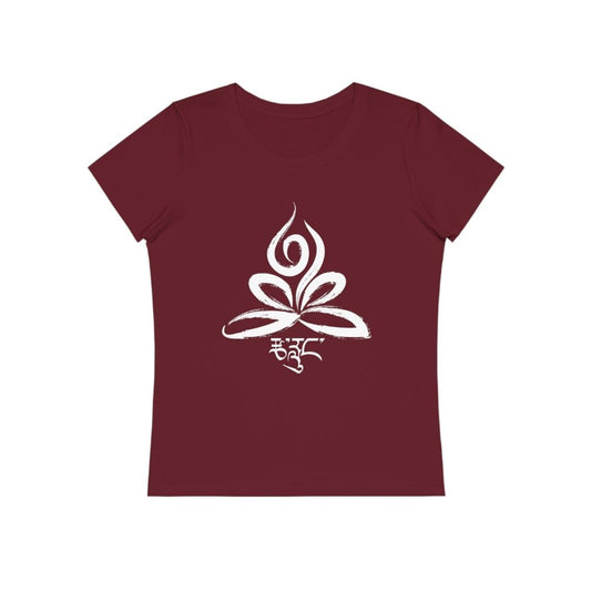 Vue de face du t-shirt collection Cécile Taric yoga bordeaux avec le feu et tsa lung en blanc en coton bio pour femme