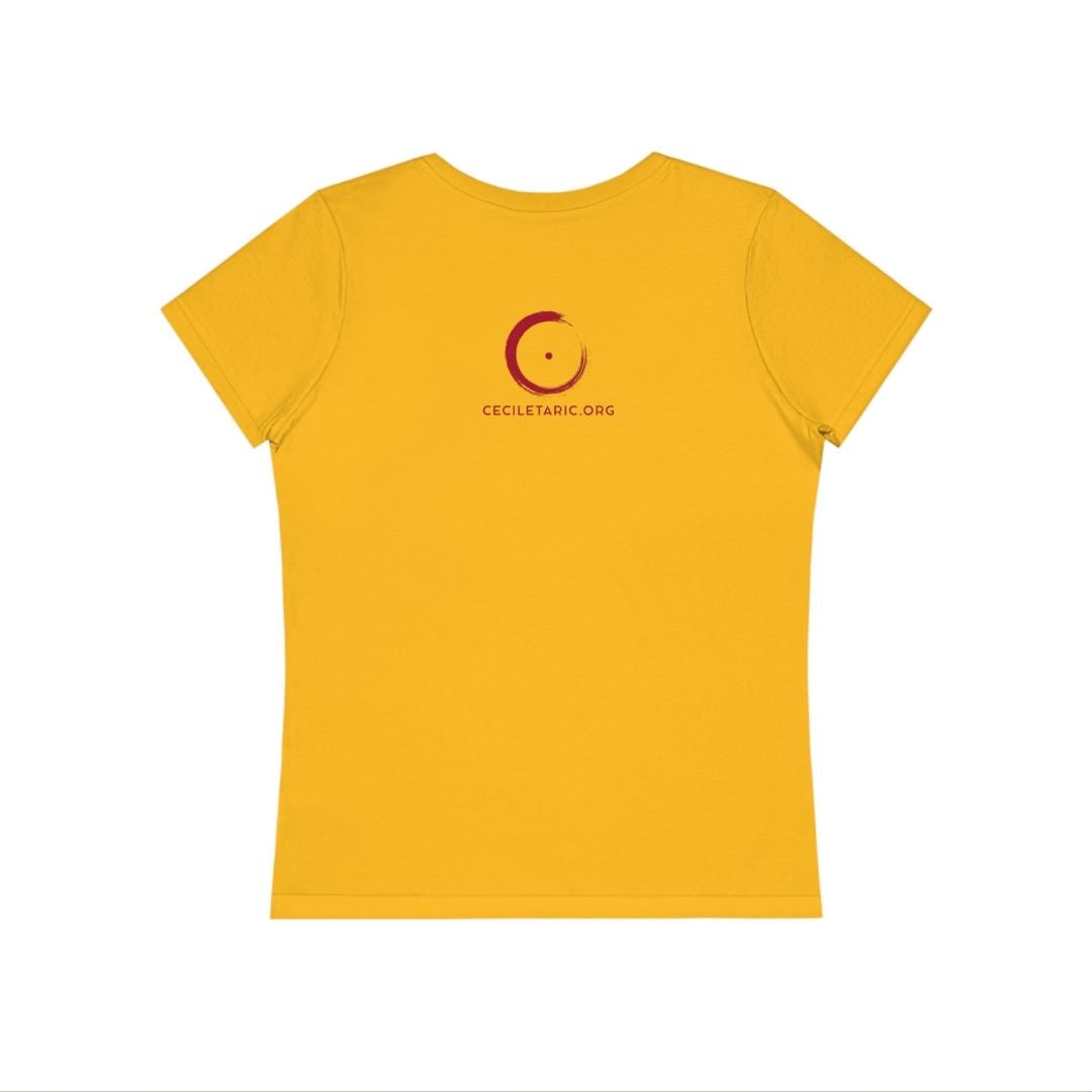 Vue de dos du T-shirt collection Cécile Taric yoga  jaune avec le feu et tsa lung en rouge pour femme en coton biologique