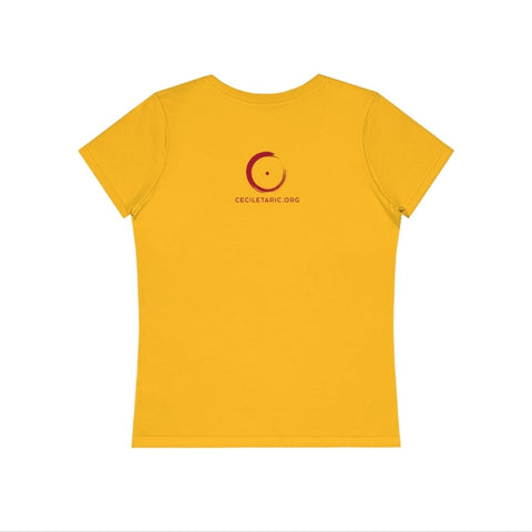 Vue de dos du T-shirt collection Cécile Taric yoga  jaune avec le feu et tsa lung en rouge pour femme en coton biologique