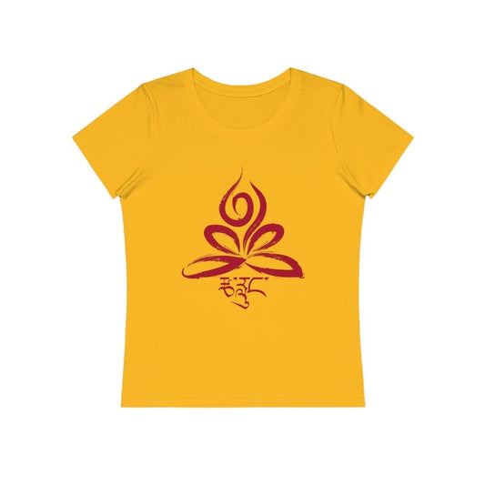 Vue de façe du T-shirt collection Cécile Taric yoga  jaune avec le feu et tsa lung en rouge pour femme en coton bio